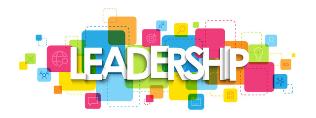 LEADERSHIP typography banner on colorful squares with symbols