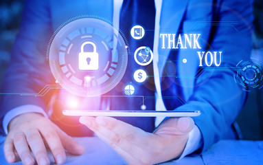 Writing note showing Thank You. Business concept for a polite expression used when acknowledging a gift or service Picture photo network scheme with modern smart device