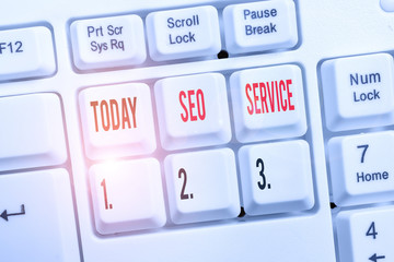 Word writing text Seo Service. Business photo showcasing techniques and procedures to increase the...