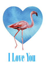 I love you post card. Pink flamingo on blue heart beckgroubd. Watercolor illustration. Valentines day design concept.