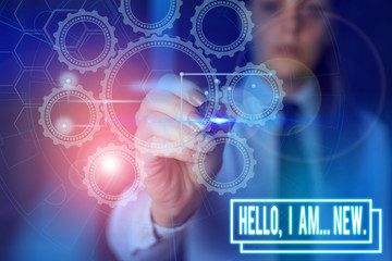 Writing note showing Hello I Am New. Business concept for introducing oneself in a group as fresh worker or student Picture photo network scheme with modern smart device