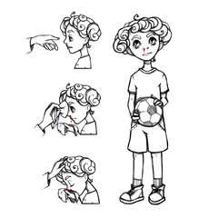 How To Stop a Nosebleed. Illustration with a cartoon boy with a ball, boy wearing sport clothes. Helpful tips to stop bloody nose. Isolated on white background.
