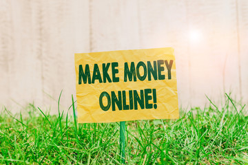 Word writing text Make Money Online. Business photo showcasing making profit using internet like freelancing or marketing Plain empty paper attached to a stick and placed in the green grassy land