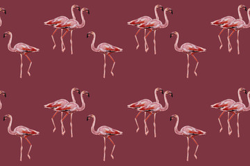 Pink flamingos on chery color background. Seamless pattern for fabric, paper. Summer concept design.