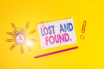 Handwriting text Lost And Found. Conceptual photo a place where lost items are stored until they...