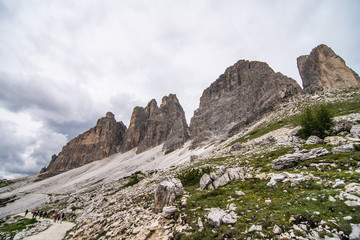 Dolomites, Italy - July, 2019: Amazing panoramic view from Tre Cime over the Dolomite's mountain