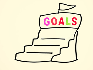 Cross processed tone effect. Multicolored wooden alphabet of goals text with stairs or steps sketching or drawing on light yellow pastel color background. Step toward a goals concept and idea.