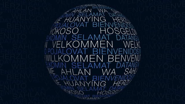 Welcome Word Cloud Globe Loop. Rotating sphere of conceptual keywords for use as background animation.