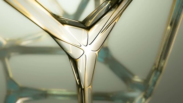 Strange ancient alien object, made by gold and crystal, slowly turning around against twilight. Blurred structure behind. Science and technology motion background. Depth of field. 3D rendering