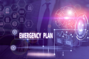Handwriting text writing Emergency Plan. Conceptual photo procedures for handling sudden or...