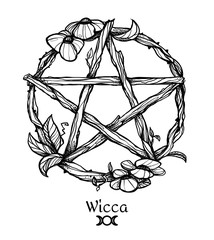 Wiccan element. Graphic pentagram with flowers and leaves. - 301167915