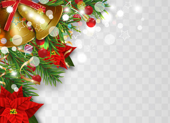 Christmas border decorations with fir branches, golden bells, Christmas flowers poinsettia, holly berries and decorative ribbons. Design element for Xmas or New Year on transparent background.