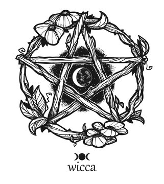 Wiccan element. Graphic pentagram with flowers and leaves.