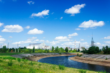 Chernobyl sarcophagus over the 4th reactor, Ukraine. Chernobyl nuclear power plant.