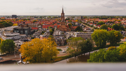 Leeuwarden the capital of the province of Friesland, Netherlands, aerial view from the famous leaning Oldehove tower