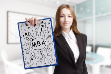 Business, technology, internet and network concept. Young businessman shows a keyword: MBA