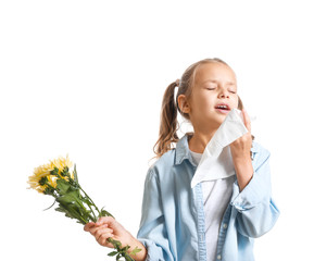 Little girl suffering from allergy to flowers on white background