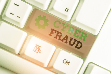 Conceptual hand writing showing Cyber Fraud. Concept meaning any crime that is committed with the use of a computer White pc keyboard with note paper above the white background