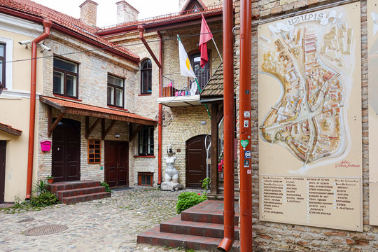 VILNIUS, LITHUANIA - September 2, 2017: Uzupis in Vilnius old town, a UNESCO World Heritage Site