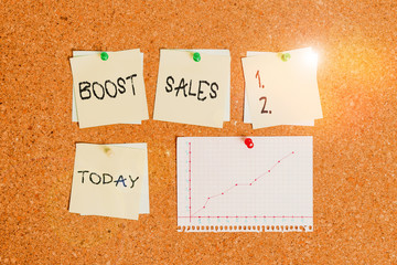Conceptual hand writing showing Boost Sales. Concept meaning move sales profit from a lower to a higher place or position Corkboard size paper thumbtack sheet billboard notice board