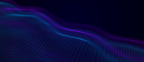 Wave of musical sounds. Abstract background with interweaving of dots and lines. 3D rendering.