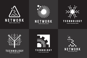 Future digital technology logo template, network, internet, connection, brainstorming ideas, vector art line design, illustration elements