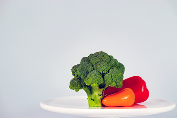 Sprig of broccoli and bell peppers on a white plate on a light background