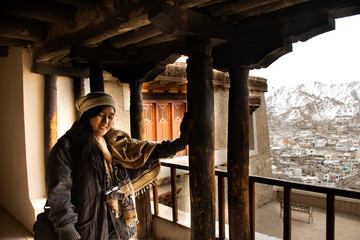 Traveler thai woman visit praying  angel god buddha statue of Leh Stok Palace for people visit and praying at Leh Ladakh in Jammu and Kashmir, India