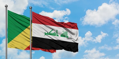 Republic Of The Congo and Iraq flag waving in the wind against white cloudy blue sky together. Diplomacy concept, international relations.