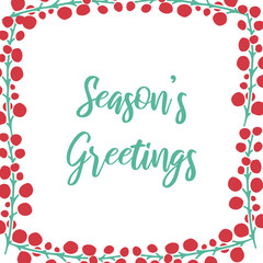 Obraz premium Vector frame with hand drawn doodle illustration of Christmas holly berry. Red berries with green leaves on white background. New Year, Christmas decoration. Poster, greeting card template