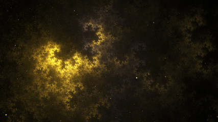 Abstract fantastic background with golden swirly shapes and sparkles. Digital fractal art. 3d rendering.
