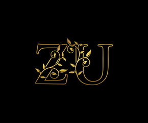 Golden letter Z and U, ZU vintage decorative ornament emblem badge, overlapping monogram logo, elegant luxury gold color on black background.