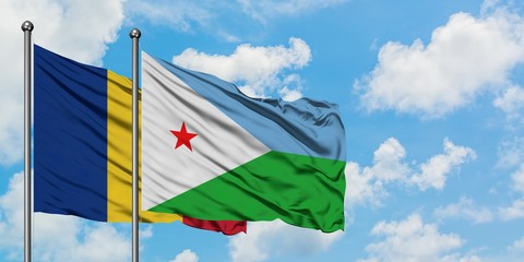 Romania and Djibouti flag waving in the wind against white cloudy blue sky together. Diplomacy concept, international relations.