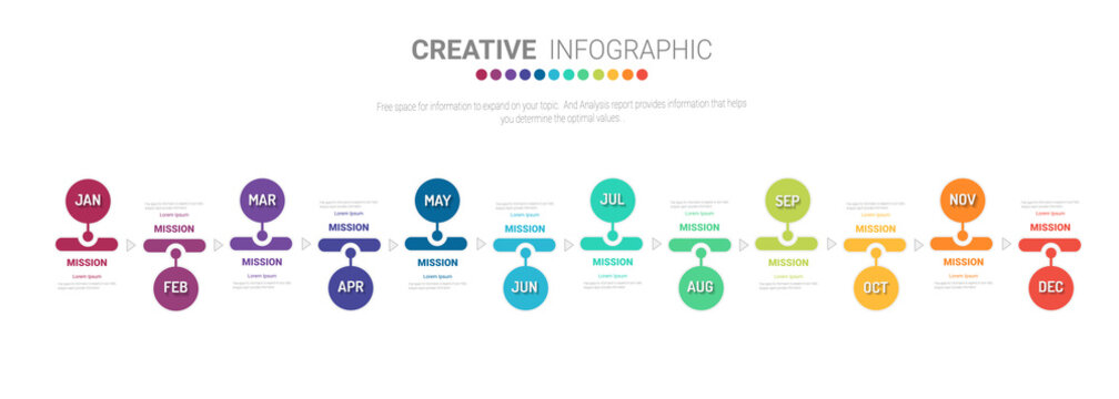 Timeline for 1 year, 12 months, infographics month planner design vector 12 steps and Presentation business can be used for Business concept with 12 options, steps or processes. 