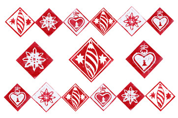 Horizontal template with red  Christmas decorations isolated on white background. Hand made linocut. Elements and inverted objects of  decorative icicles.