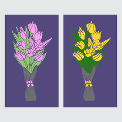 Set of  bouquets with yellow and pink tulips on purple background in pop art style. Hand made linocut. Vector illustration
