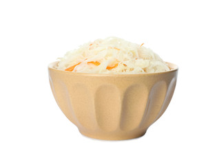 Bowl of tasty fermented cabbage isolated on white