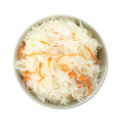 Bowl of tasty fermented cabbage isolated on white, top view