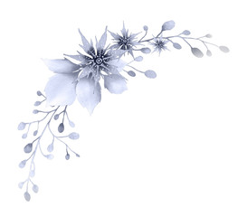 Obraz na płótnie Canvas Fantasy floral composition of grey (silver) abstract stylized flowers and herbs hand drawn in watercolor isolated on a white background. Watercolor monochrome illustration. Fantasy floral composition