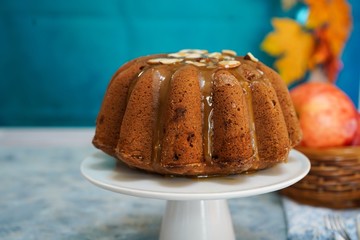 Homemade Apple Bundt cake with brown sugar glaze, selective focus