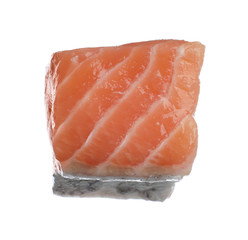 Piece of fresh raw salmon isolated on white. Fish delicacy