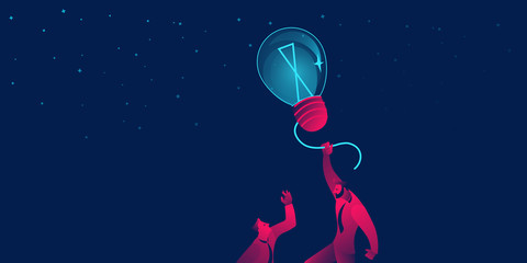 Power of idea, successful startup business concept. businessman flying on lightbulb