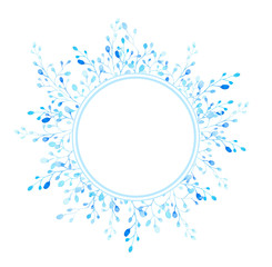 Fantasy winter round wreath of blue abstract stylized flowers, herbs and branches hand drawn in watercolor isolated on a white background. Winter monochrome illustration. Fantasy floral frame