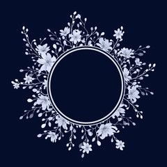 Fantasy floral round wreath of grey abstract stylized flowers, herbs and branches hand drawn in watercolor isolated on a dark blue background. Monochrome watercolor illustration. Fantasy floral frame.