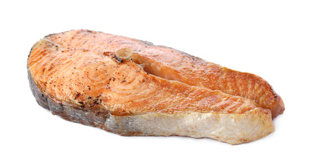 Tasty roasted salmon isolated on white. Fish delicacy