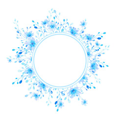 Fantasy winter round frame of blue abstract stylized flowers, herbs and branches hand drawn in watercolor isolated on a white background. Winter illustration. Fantasy floral frame