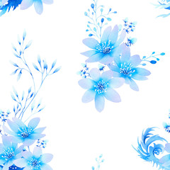 Fototapeta na wymiar Seamless pattern of blue abstract stylized flowers, herbs and branches hand drawn in watercolor isolated on a white background. Watercolor monochrome illustration. Repeat 5000x5000px 