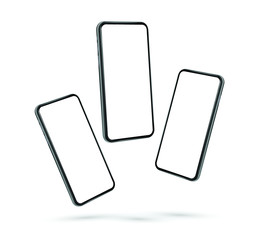 Modern Smartphone Vector Mockup Set – Bezel-Less Phones with Blank Screens in Floating Positions