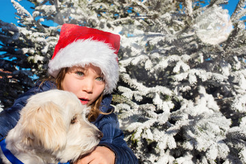 portrait of a beautiful girl with her dog at Christmas