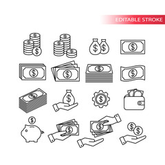 Money, dollar financial thin line vector set. Coin, money stack, wallet, banknote outline icons.